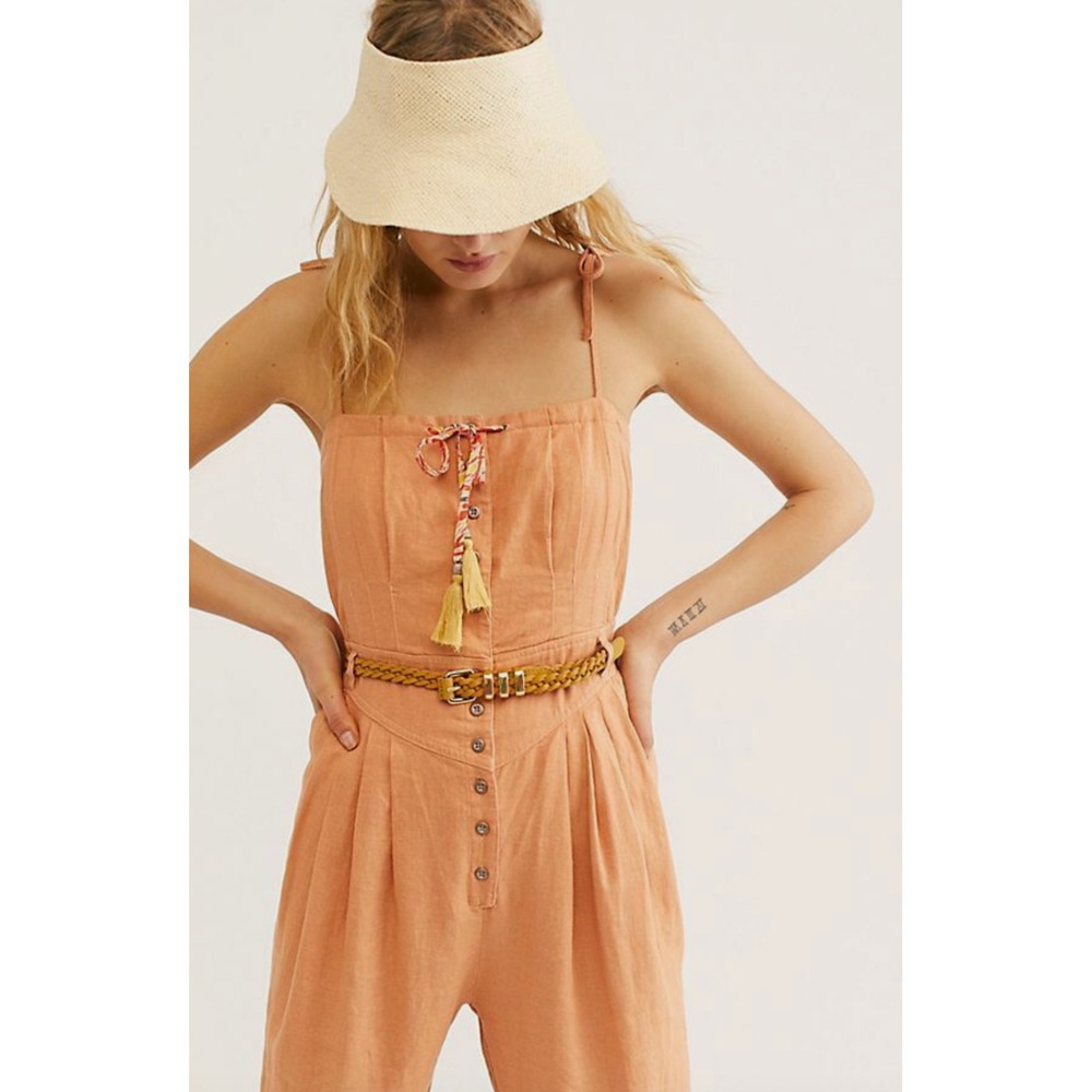 FREE PEOPLE ORANGE ROSALYN BUTTON TASSEL TIE ONE PIECE Linen JUMPSUIT Size 2